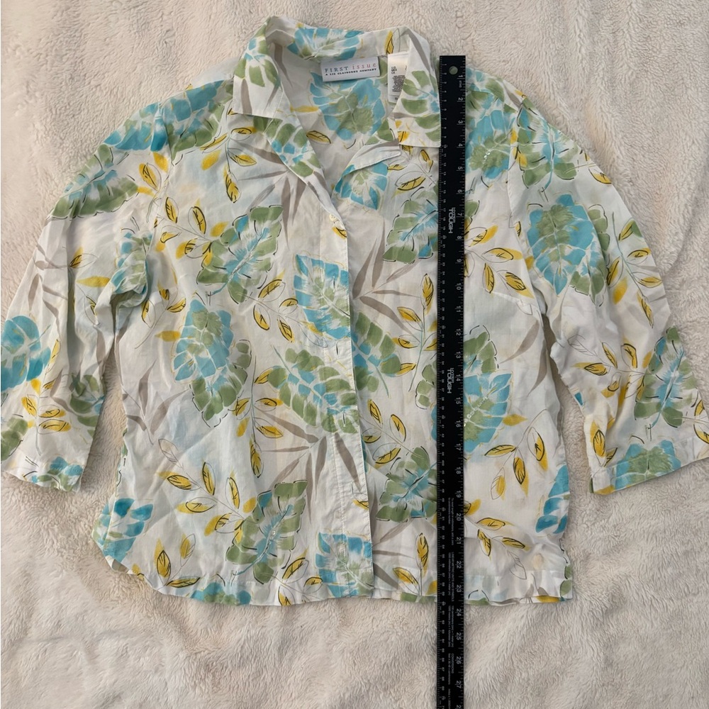 Liz Claiborne Leaf Print Shirt - Blue, Yellow, Green